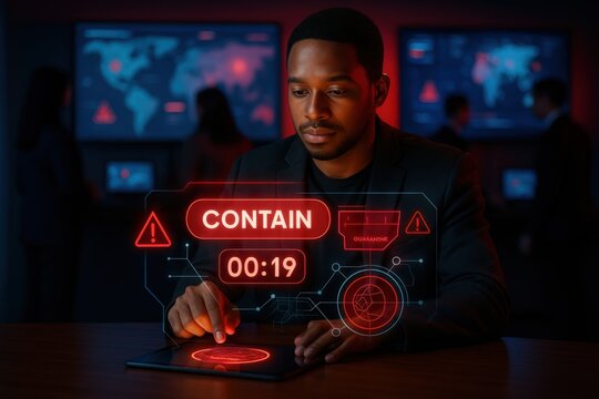 A man in a modern tech room interacting with holographic interface, a warning message with a countdown. The image illustrates a moment of urgency and alert.