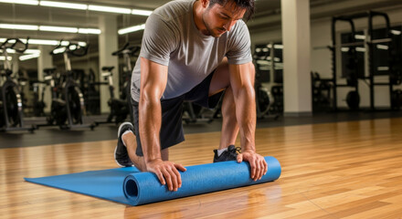 Man rolling yoga mat after workout on gym floor with exercise equipment