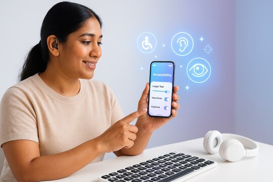 a woman demonstrating assistive technology on her phone, emphasizing inclusivity and accessibility