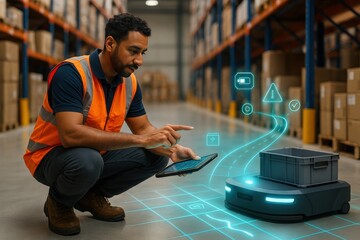 warehouse worker examining a digital tablet while a futuristic robot navigates through the aisles, carrying a box