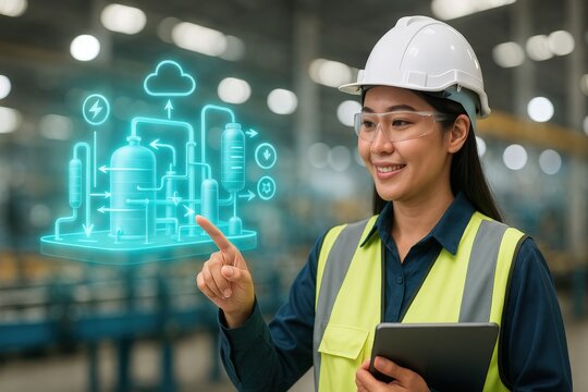 an engineer using technology in a modern factory, managing a digital representation of the machinery and factory layout. The engineer is smiling and using a tablet