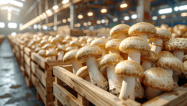 Fresh mushrooms stacked in wooden crates inside a large warehouse or farm facility.