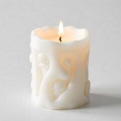 Ethereal white candle glows with warm flame, creating serene ambiance and peaceful mood