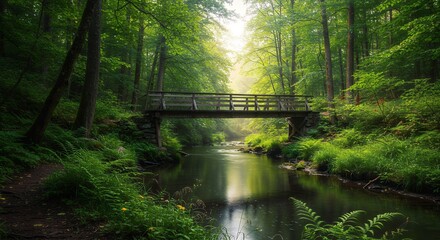 Obraz premium Forest stream bridge sunlight