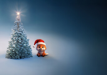 cute Baby Fox sits by Christmas tree. The scene is illuminated by a star atop the tree.