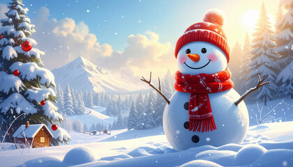 Obraz premium A cheerful snowman wearing a red hat and scarf stands in a snowy mountain landscape, with pine trees, a cozy cabin, and sunlight creating a warm winter glow.