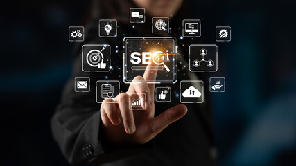 SEO concept for improving SEO visibility, with SEO related digital tools and SEO performance icons shown in an focused layout for strategic marketing. Spline