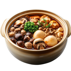 Fototapeta premium Flavorful Mushroom Hot Pot with Assorted Ingredients in a Traditional Clay Pot on transparent background