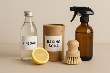 Cleaning supplies including vinegar, baking soda, and a scrub brush arranged on a light background for natural cleaning solutions
