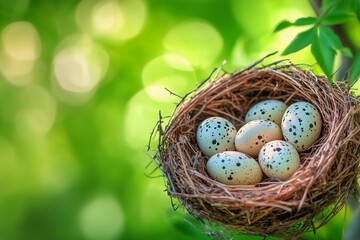 Obraz premium Nest With Speckled Eggs in a Vibrant Green Background During Springtime