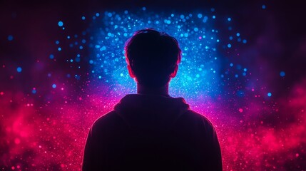 A silhouetted figure stands in front of a giant glowing digital billboard at night