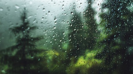 Obraz premium Rain drops on a window overlooking a lush green forest conveying a sense of peace and tranquility on a misty day