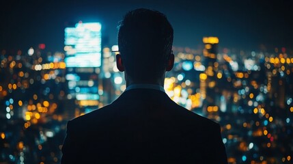 A silhouetted figure stands in front of a giant glowing digital billboard at night