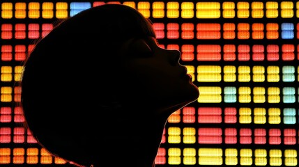 A silhouetted figure stands in front of a giant glowing digital billboard at night