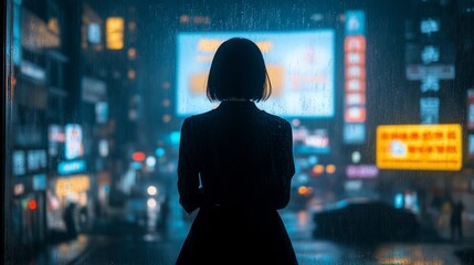 A silhouetted figure stands in front of a giant glowing digital billboard at night