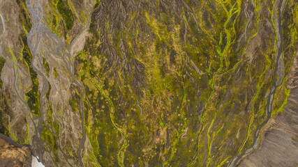 Aerial photography of braided glacial river in Iceland flowing through volcanic valley surrounded by rugged rocky ground and moss areas