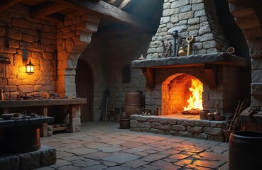 Blacksmithing workshop interior features active fireplace with burning logs, stone masonry construction. Wood beams, iron tools, anvil, tongs, buckets suggest traditional metalwork, craft. Vintage,