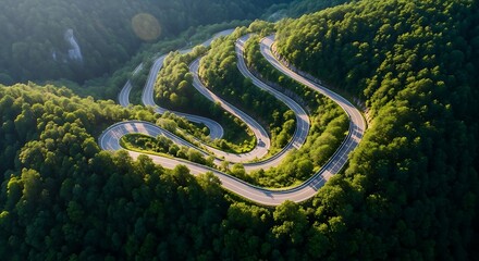 Winding mountain road through lush green forest, aerial view