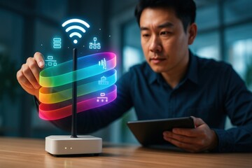 a person interacting with a modern wifi router in a technological setting. The image highlights technology's impact on modern life