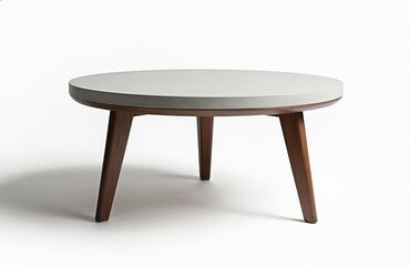 Modern round coffee table, concrete top, wooden legs. Minimalist furniture for living room, home interior decor. Contemporary style accent piece, natural wood finish combines with industrial concrete.