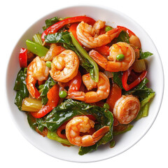 Colorful Shrimp Stir-Fry with Bell Peppers and Greens in a White Bowl on transparent background