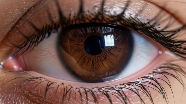 closeup of brown eye with long dark eyelashes, detailed iris patterns and reflections blinking against soft skin texture. concept of vision and observation. pupil, medical brochure, ophthalmology