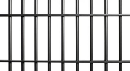 A closeup view of black metal prison bars against a stark white background, representing confinement