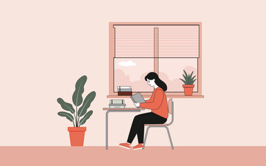 Minimalist flat vector illustration of a young woman sitting at a desk reading a book near a window with indoor plants. Perfect for online learning, education blogs, and self-study concepts.