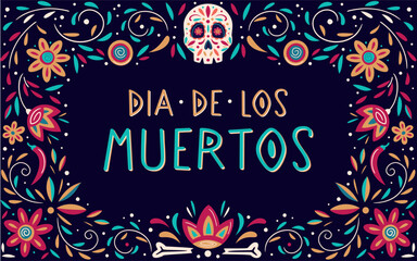 Dia de Los Muertos floral poster design. Mexican Day of the Dead sign on dark background. Vector colorful template with decorated skull, marigold, and stylised flowers.