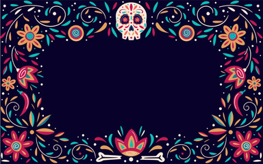 Traditional Mexican floral poster design for Day of the Dead. Vector colorful template background with garland of marigolds and other stylised flowers.