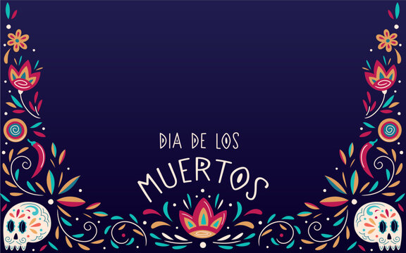 Dia de Los Muertos floral poster design. Mexican Day of the Dead inscription on dark background. Vector colorful template with decorated skull, stylised marigold and other flowers