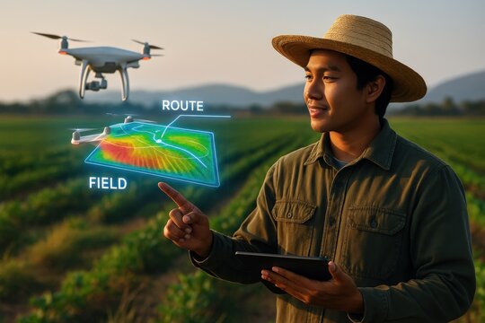 Drones mapping agricultural fields rural area digital technology outdoor landscape aerial view precision farming techniques