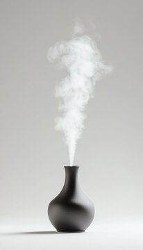 Minimalist black diffuser emitting gentle white steam against clean, light background, evoking tranquility and calm.