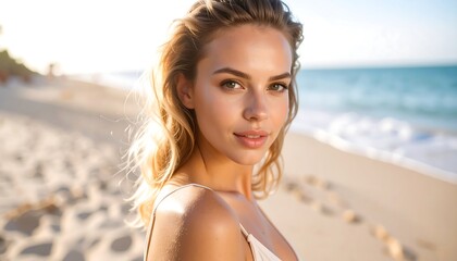 Woman on beach, sunlit hair, waves & horizon in background