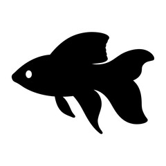 A black silhouette of a goldfish with flowing fins and a simple eye