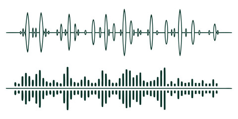 Obraz premium Two distinct dark green sound wave and equalizer graphics on a white background audio, music, sound, signal, frequency, amplitude, digital, technology vector illustration. 