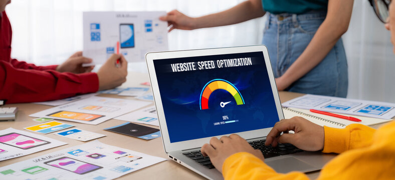 Computer software evaluating website loading speed. Concept of improving website loading speed brisk.