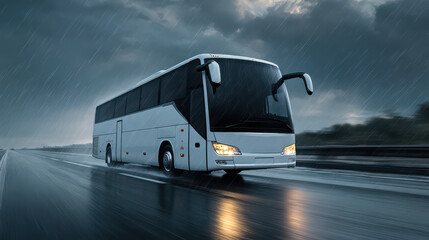 Bus Journey in Storm: A solitary bus journeys along a rain-slicked highway, the dark clouds above mirroring the sense of adventure and travel.