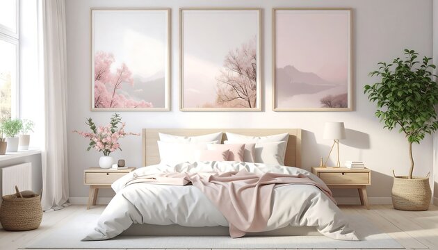 Bedroom with pastel artwork
