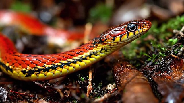 Stunning macro video of a vibrant snake with beautiful red and yellow scales. The exotic reptile is captured in incredible detail on the mossy forest floor.
