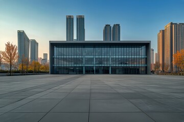 Fototapeta premium Modern Architecture Stands out Against a Clear Sky in a Cityscape During Late Afternoon Light