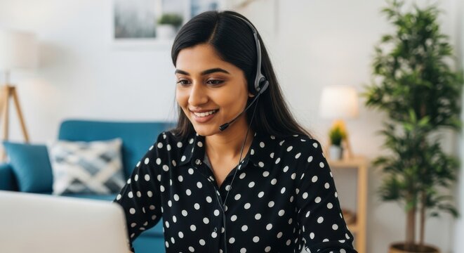 A smiling young woman wearing a headset works on her laptop in a home office setting - Powered by Adobe