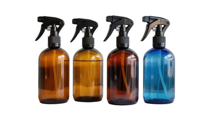 Four amber and blue plastic spray bottles with black trigger sprayers standing in a row isolated on transparent background