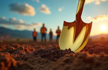 Golden shovel rests on freshly turned soil, symbolizing groundbreaking ceremony. Blurred figures in orange vests stand in background, suggesting anticipation, celebration, and teamwork on new project.