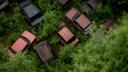 Overgrown Automotive Graveyard: Abandoned vehicles slowly being reclaimed by nature, with lush vegetation taking over a final resting place for forgotten cars.