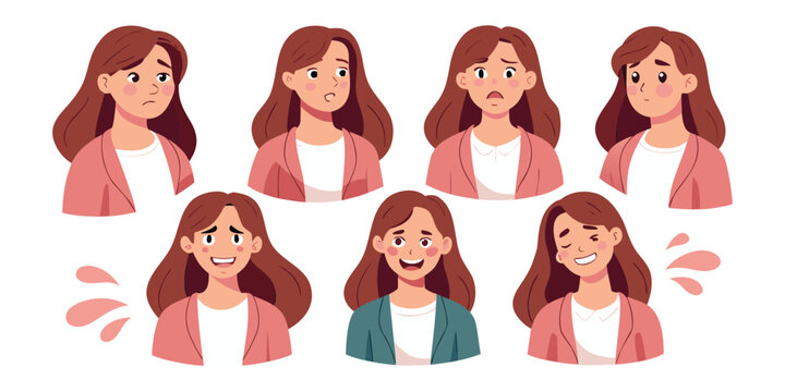 Woman's Face Showing Seven Different Emotional Expressions on White Background emotions