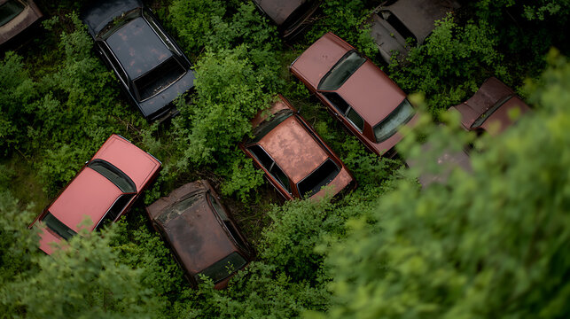 Overgrown Automotive Graveyard: Abandoned vehicles slowly being reclaimed by nature, with lush vegetation taking over a final resting place for forgotten cars. - Powered by Adobe