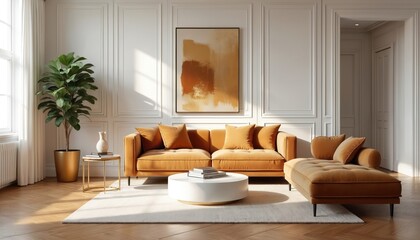 Modern living room interior with plush mustard-colored sofa, chaise lounge. Features white round coffee table with books, accent pillows, large potted plant. Walls elegant paneling, complemented by