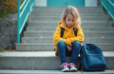 Sad little girl with backpack sits alone on school stairs. Unhappy, lonely schoolgirl shows signs of depression. Victim of bullying or emotional problems, feeling outcast, anxious, stressed.