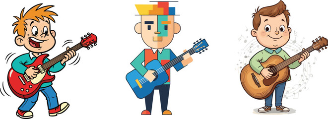 Cartoon boys playing guitar, electric and acoustic guitar musicians, music character illustration, funny guitarist, student performance, band practice, stage show
